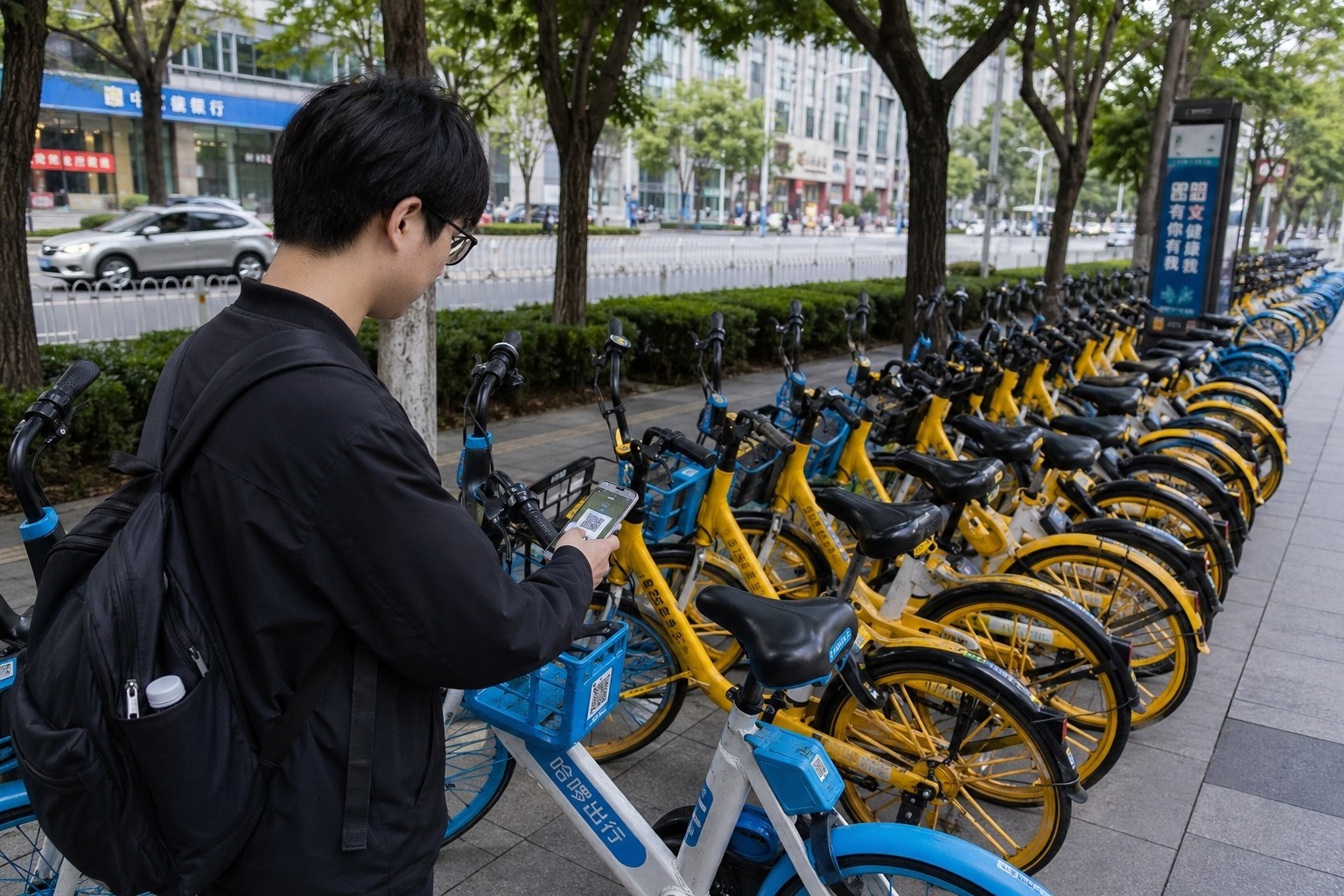 A user unlocking a shared bicycle in China by scanning a QR code with their smartphone, showing the last-mile transport solution.