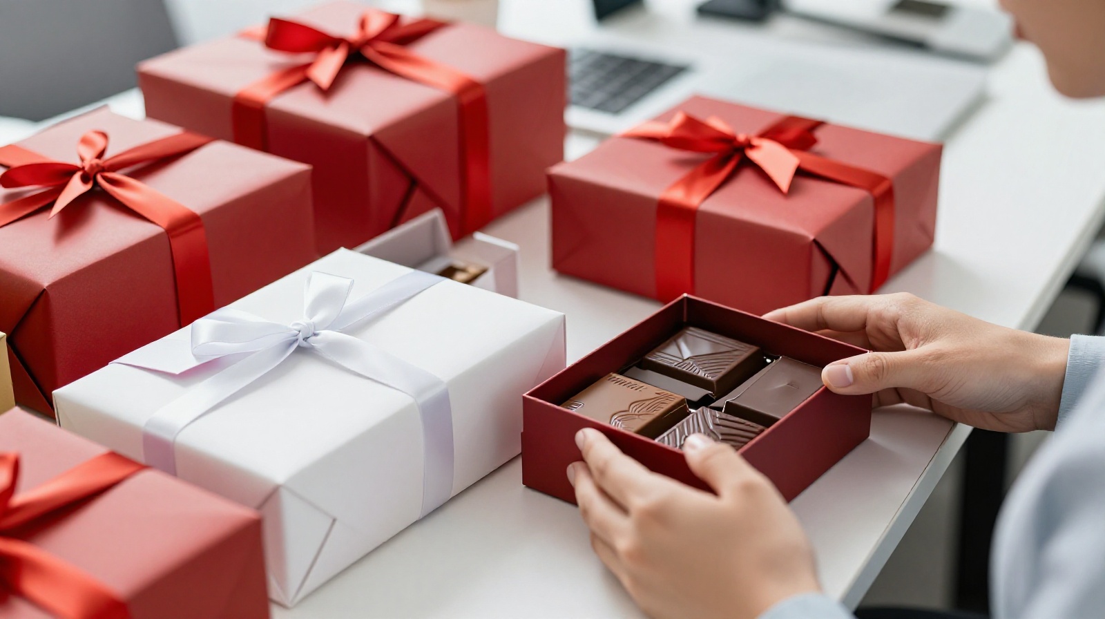 Office worker sorting through imported and local gift boxes on a desk, showing the cultural nuances of gift acceptance in China
