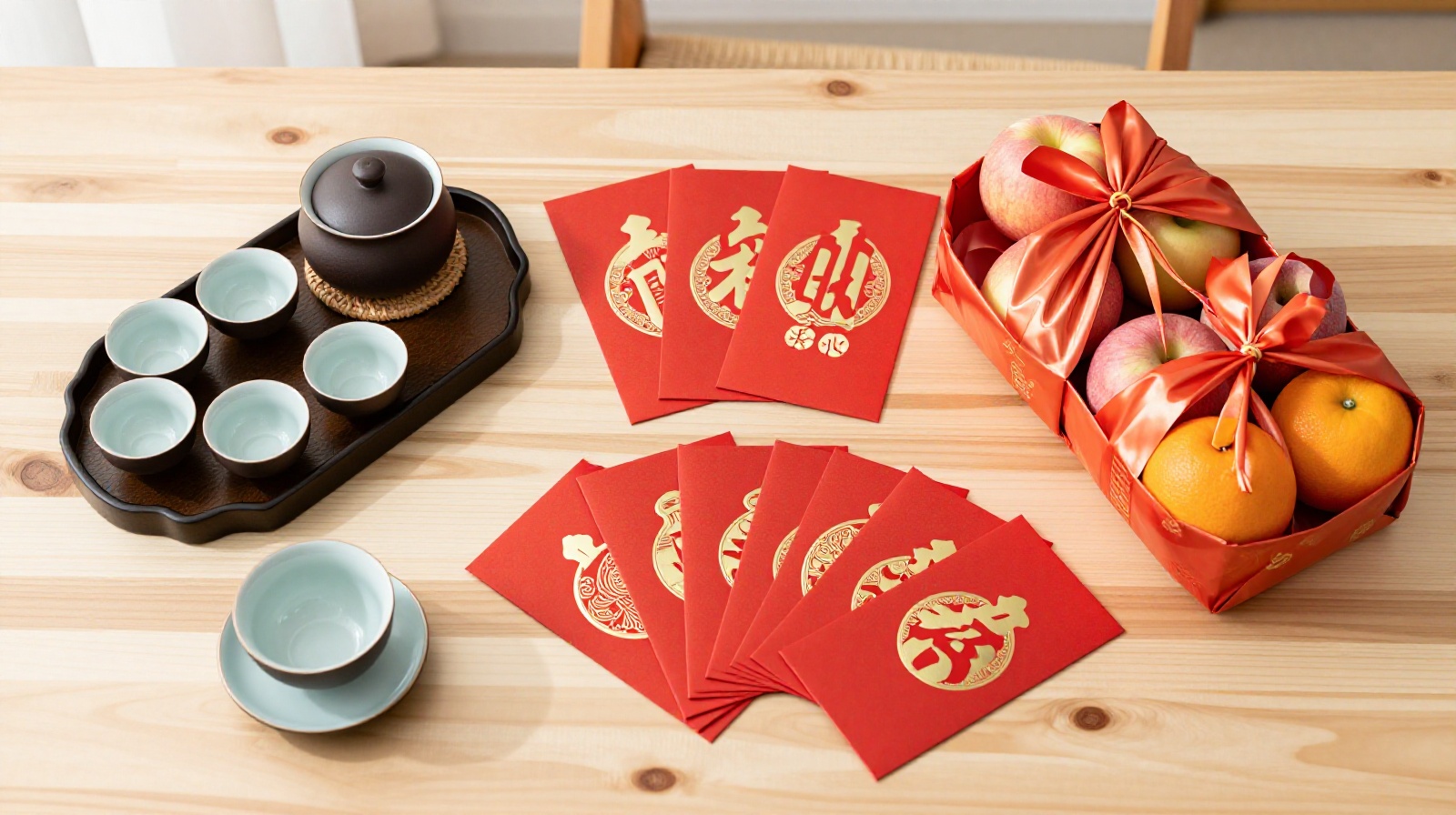 Traditional Chinese gifts including tea sets and red envelopes on a wooden table