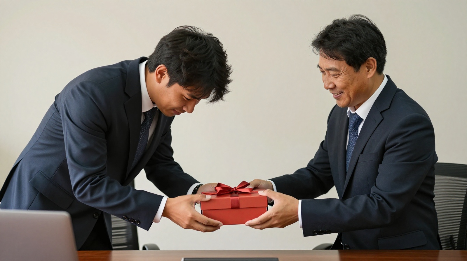 Business professionals exchanging gifts using the traditional double-handed method