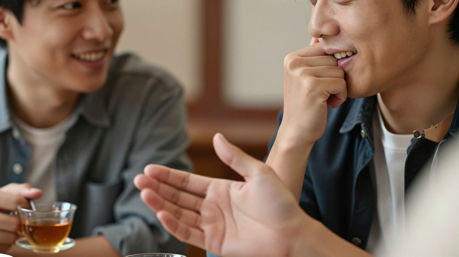 Two friends engaging in polite conversation at a tea house, illustrating modest social interaction