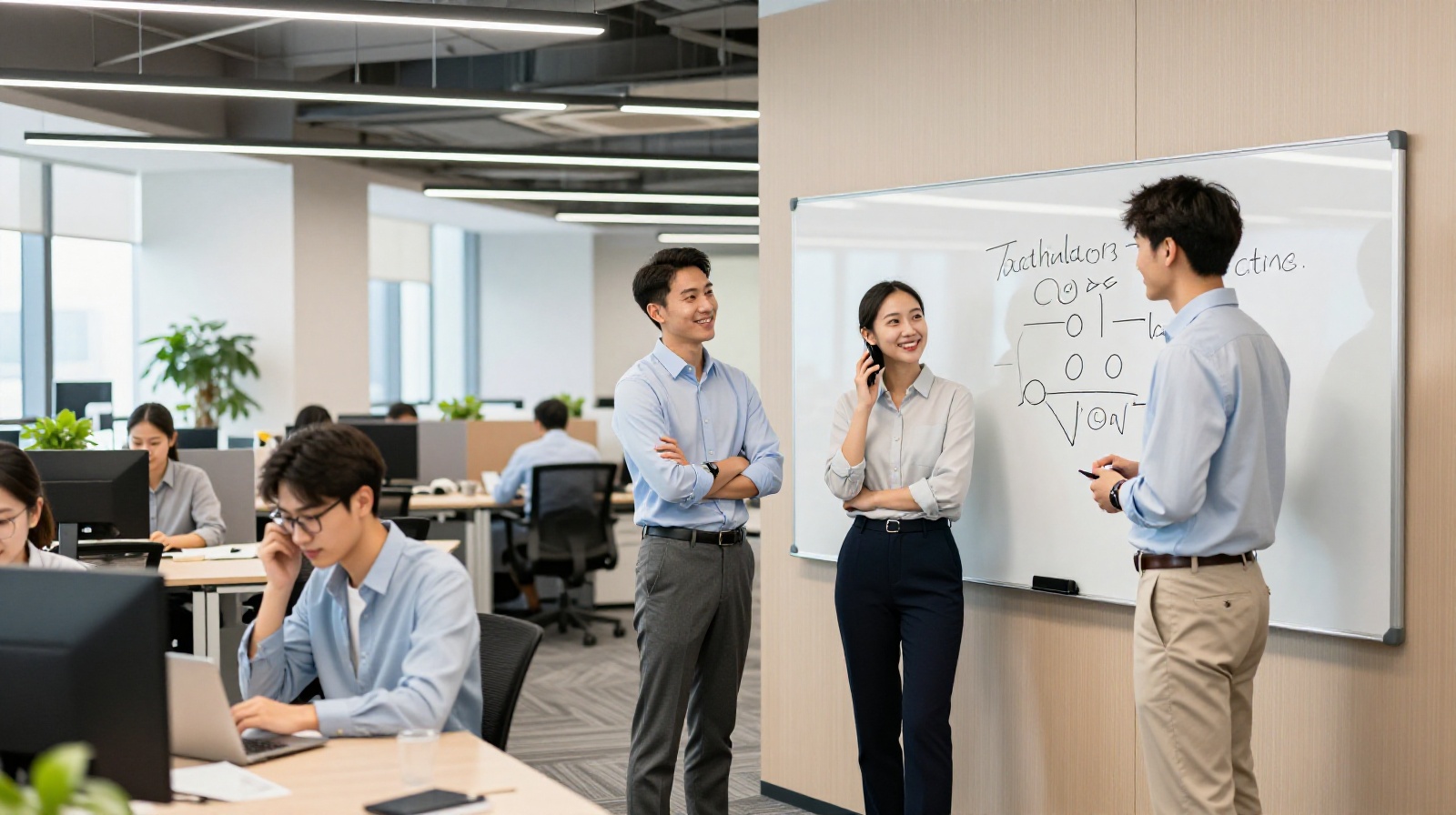 Young professionals in a modern Shanghai office accepting praise confidently