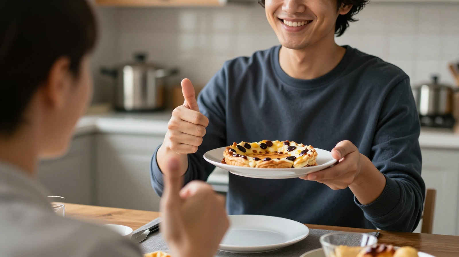 Host receiving compliments on homemade cooking with a balanced response