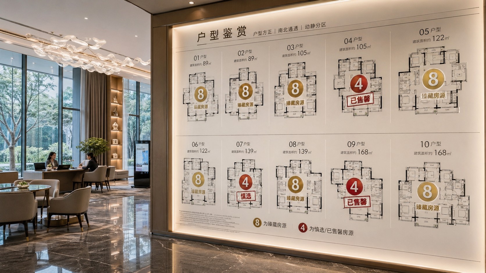Real estate agent pointing at a digital display of apartment floors where unit 18 is highlighted as premium and unit 14 is marked as discounted due to number superstition in China