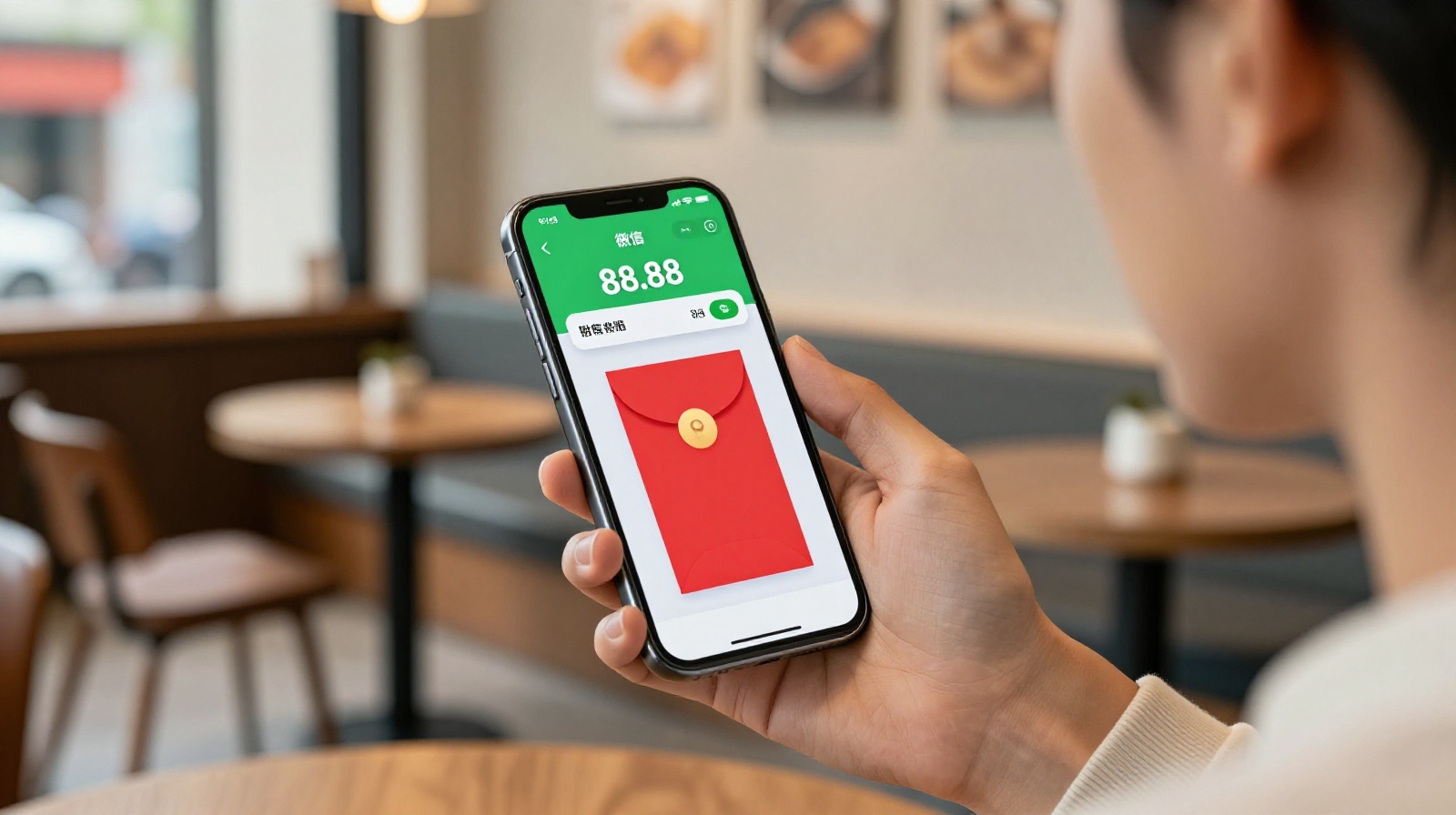 Young professional sending a lucky number red envelope on WeChat in a modern Chinese cafe