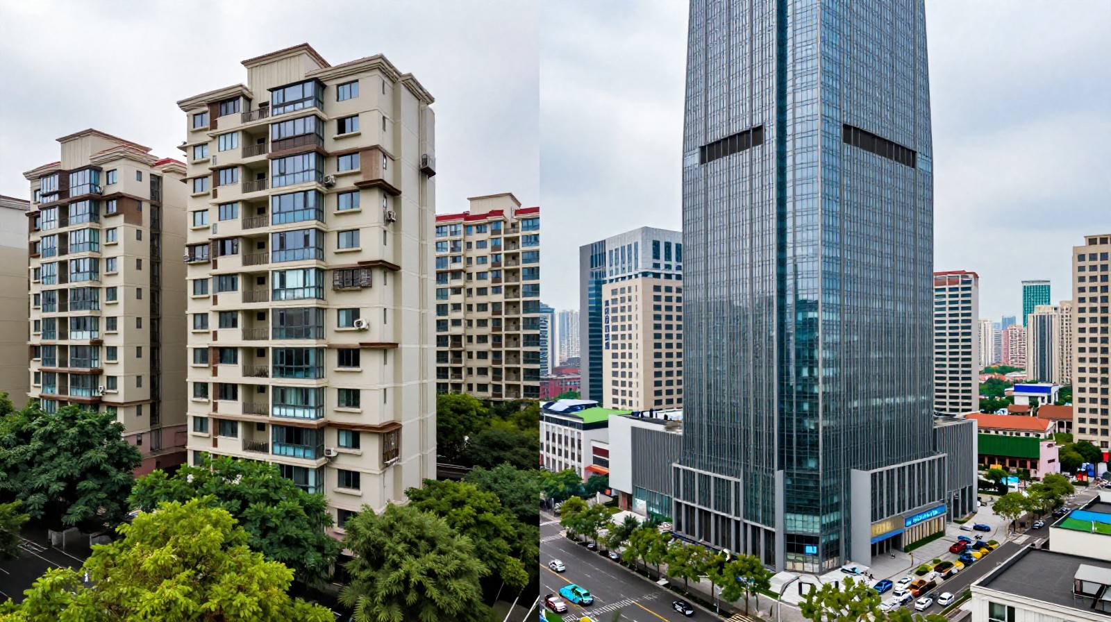 Visual difference between residential apartments and commercial apartments in Chinese cities.