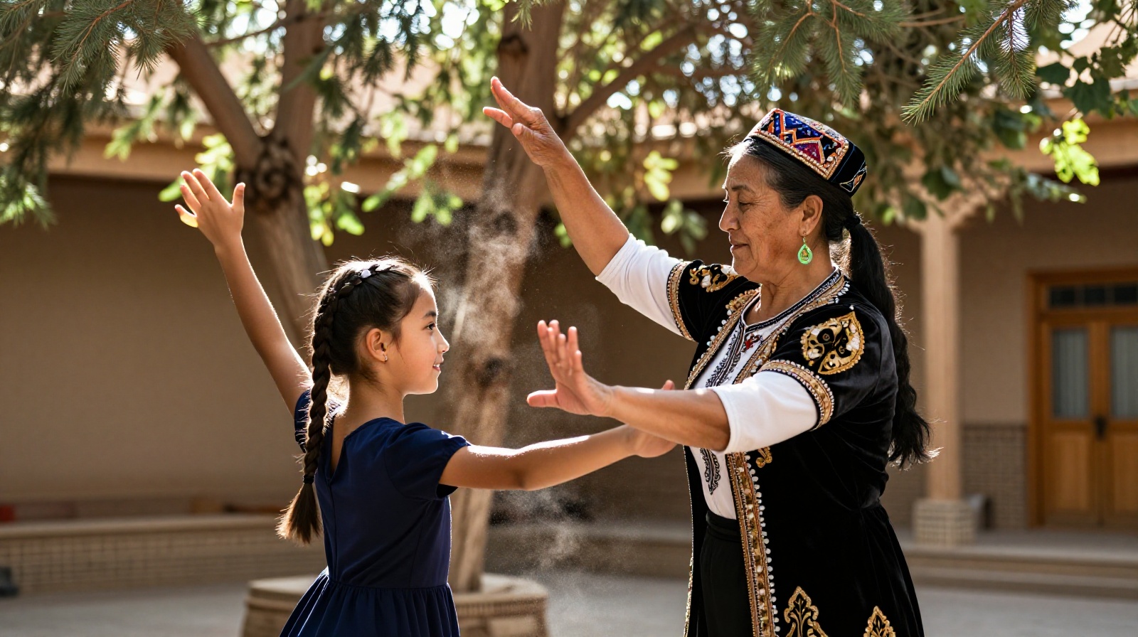 Traditional Uyghur grandmother teaching a young granddaughter to dance in a historic courtyard in Kashgar with cypress trees and warm sunlight