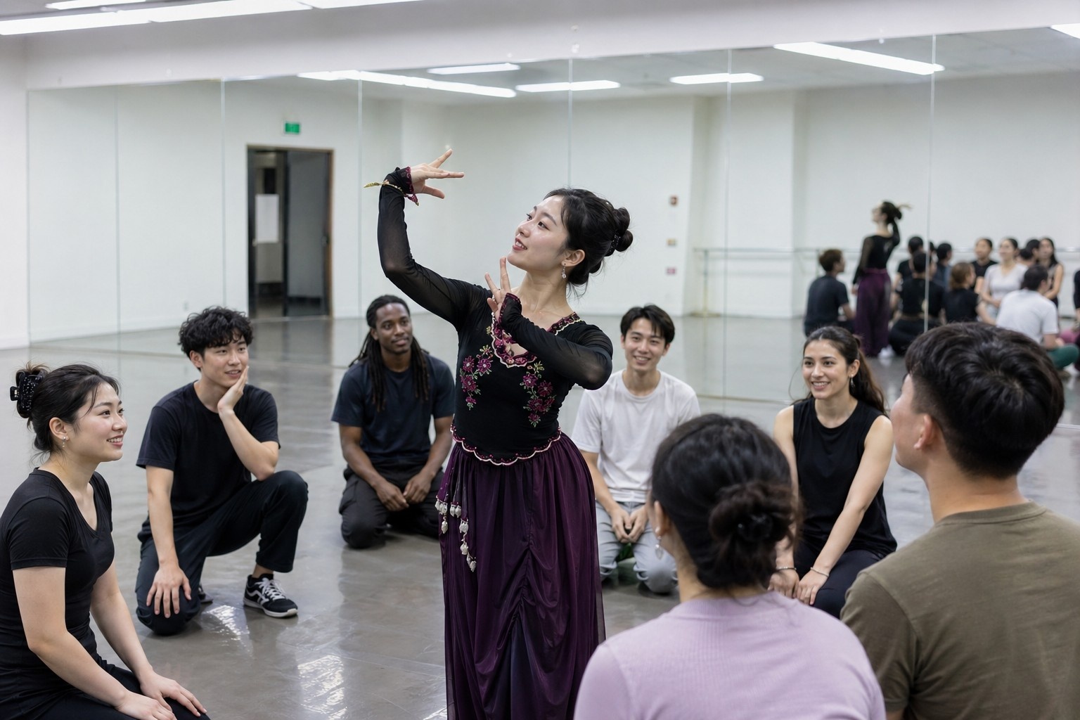 A Uyghur student teaching traditional dance moves to classmates in a Beijing university studio