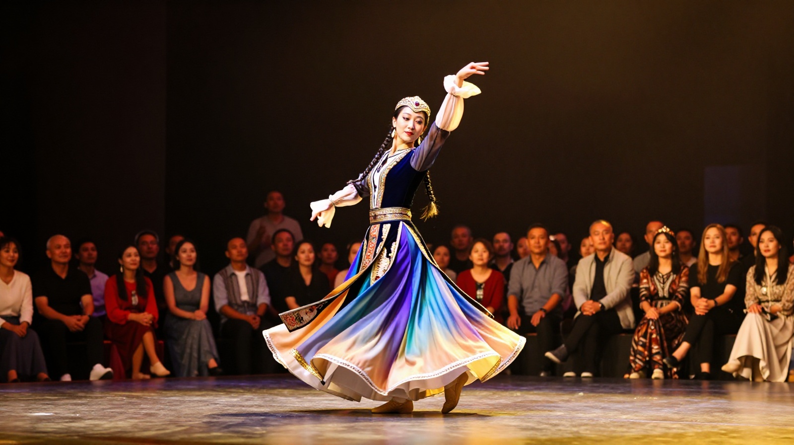 Uyghur dancer performing on a national stage in Beijing for a multicultural audience