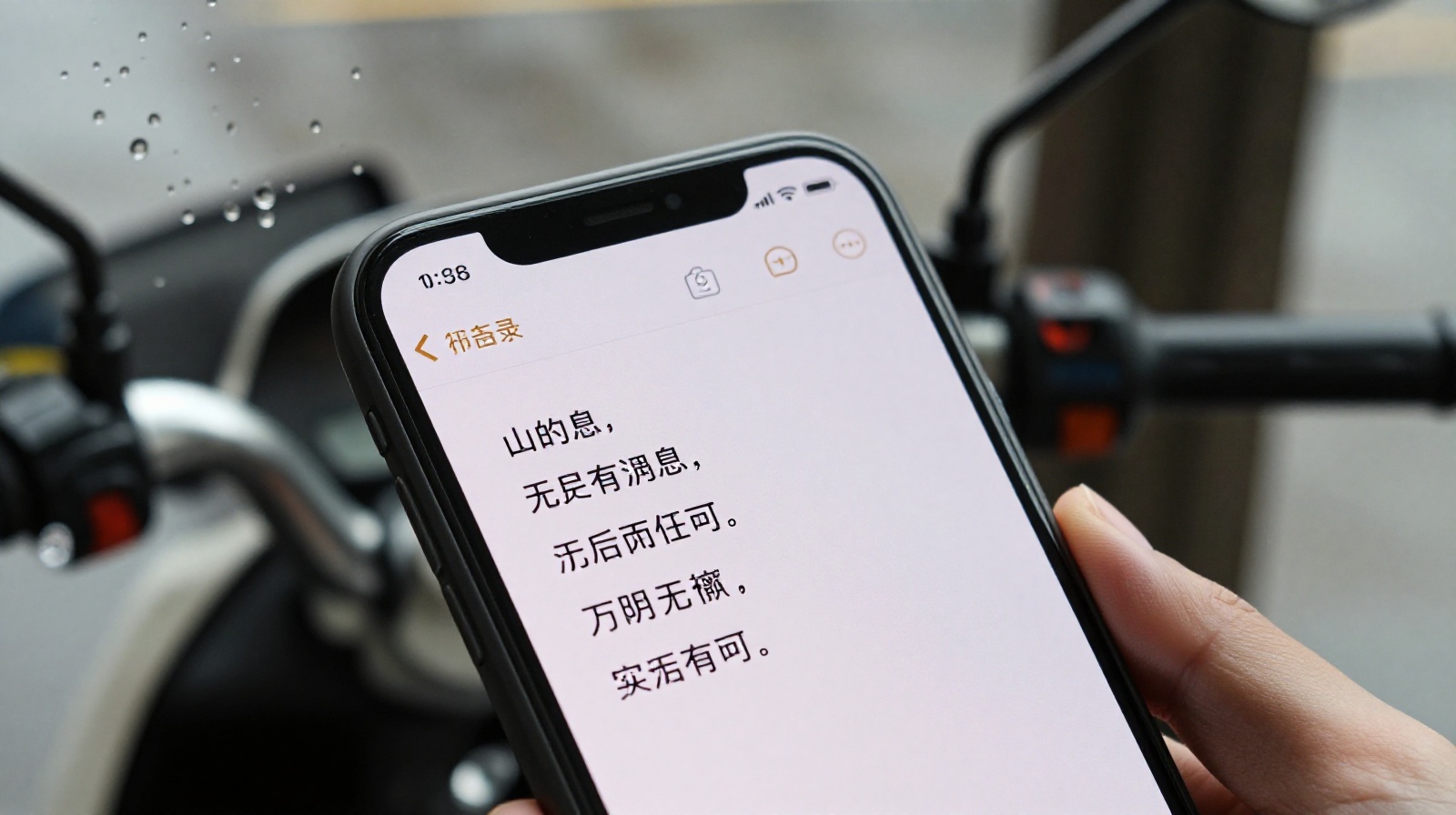 Close up of a delivery rider's phone screen showing a handwritten Chinese poem titled 'Rain on the Highway', highlighting the contrast between technology and traditional poetry.