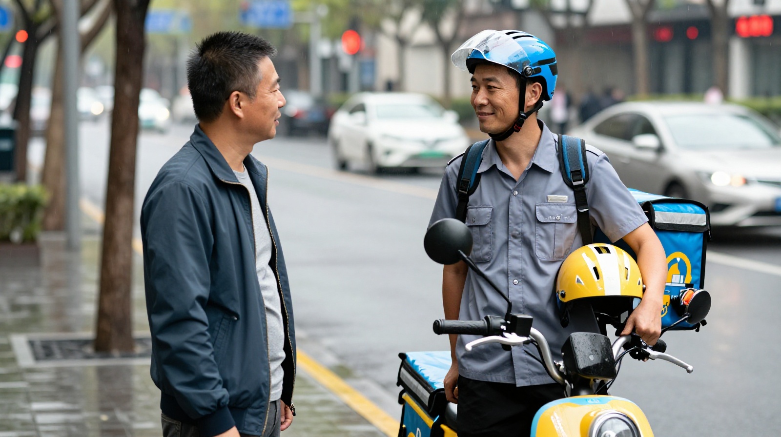 A delivery rider and a customer having a conversation on a rainy street in Shanghai, illustrating human connection beyond transactional interactions.