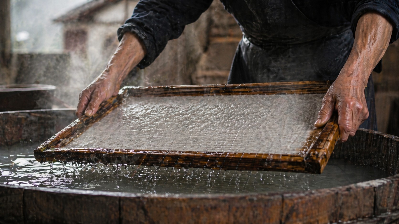 Close-up of an elderly Chinese artisan using a traditional bamboo screen to make handmade paper in a workshop