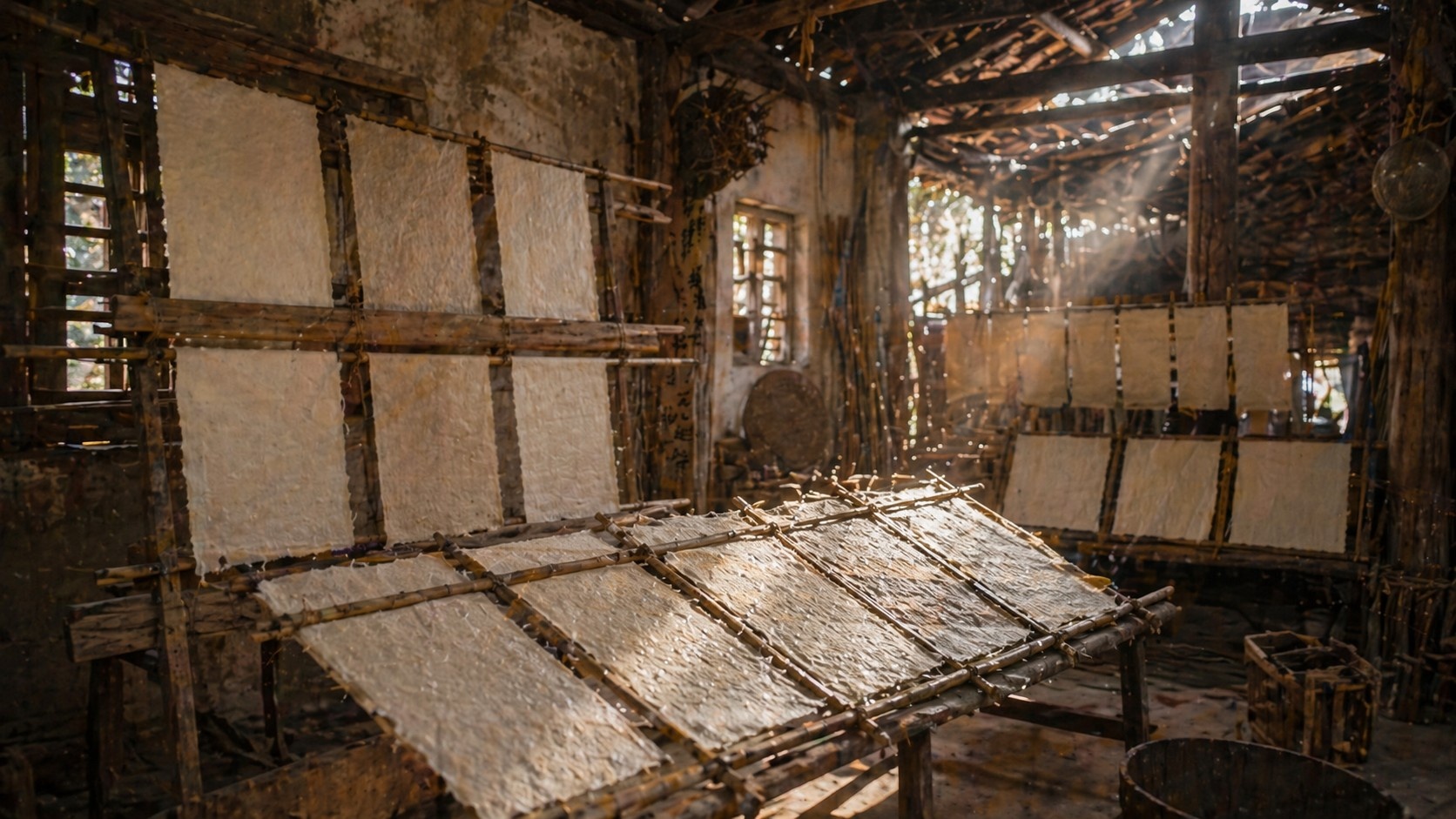 Rows of freshly made traditional Chinese handmade paper drying on wooden racks in a sunlit workshop