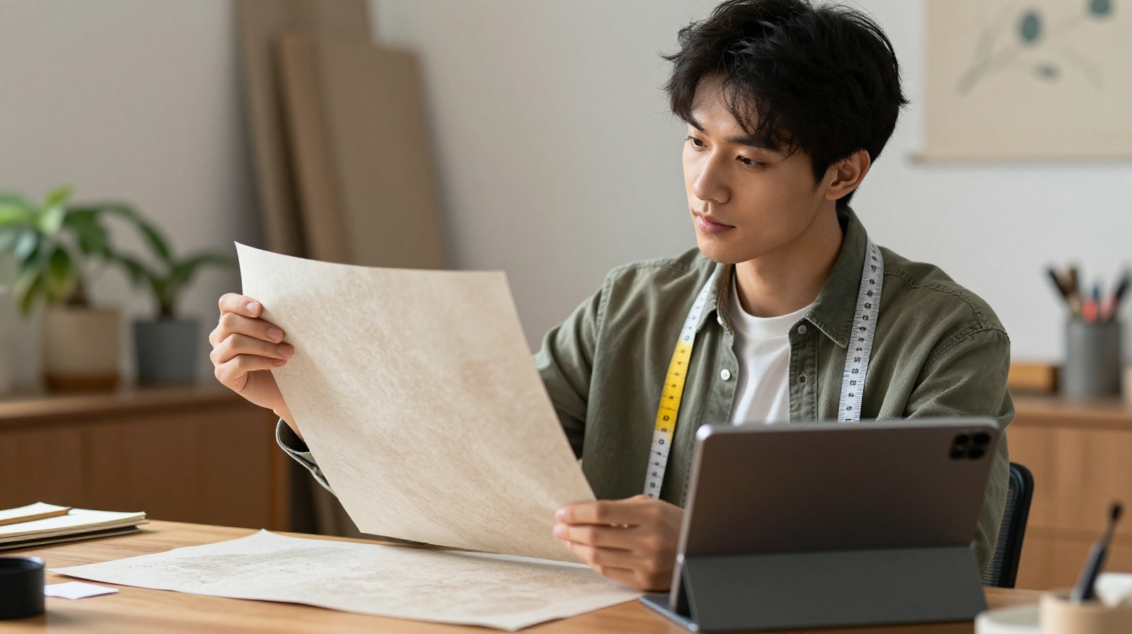 A young contemporary designer examining the unique texture of traditional handmade paper alongside modern technology