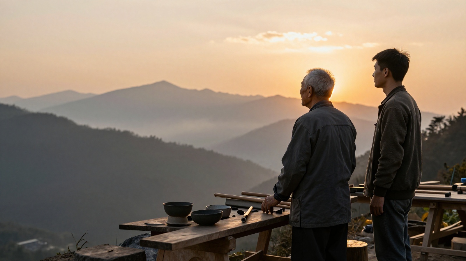 An old master and a young apprentice sharing a moment of reflection as the sun sets over the village