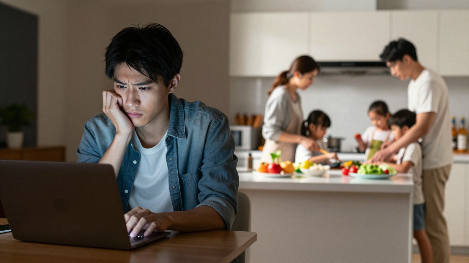 A visual metaphor showing the contrast between job search stress and the warmth of family life for Chinese youth choosing to stay home.