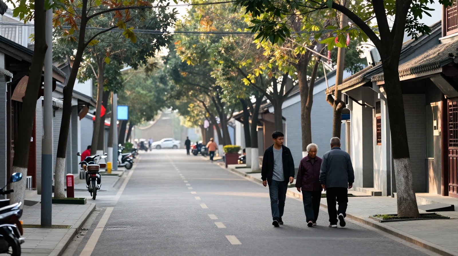 A young adult walking with an elderly parent on a quiet street in a Chinese town, representing the daily companionship aspect of the full-time child phenomenon.