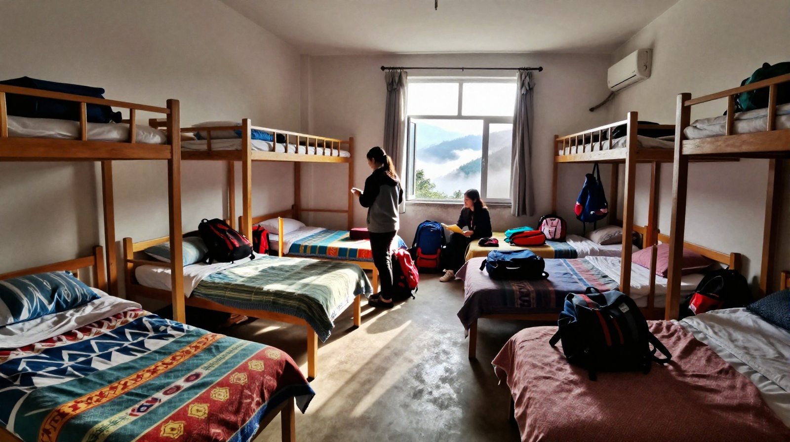 Young Chinese backpackers inside a rustic wooden dormitory at a remote mountain hostel in Yunnan, China, with natural light and misty scenery visible through the window