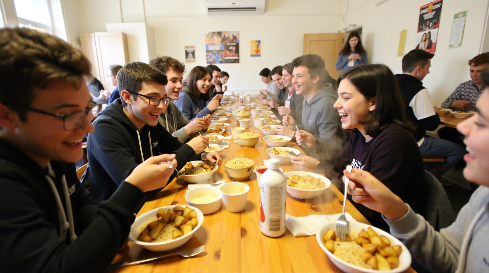 Diverse group of Chinese backpackers sharing a simple breakfast at a communal table in a mountain village youth hostel