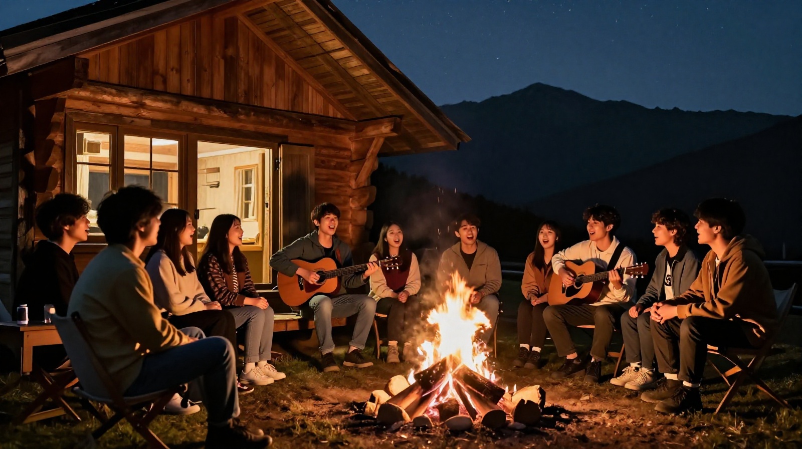 Young travelers singing around a campfire at night near a youth hostel in the Chinese countryside