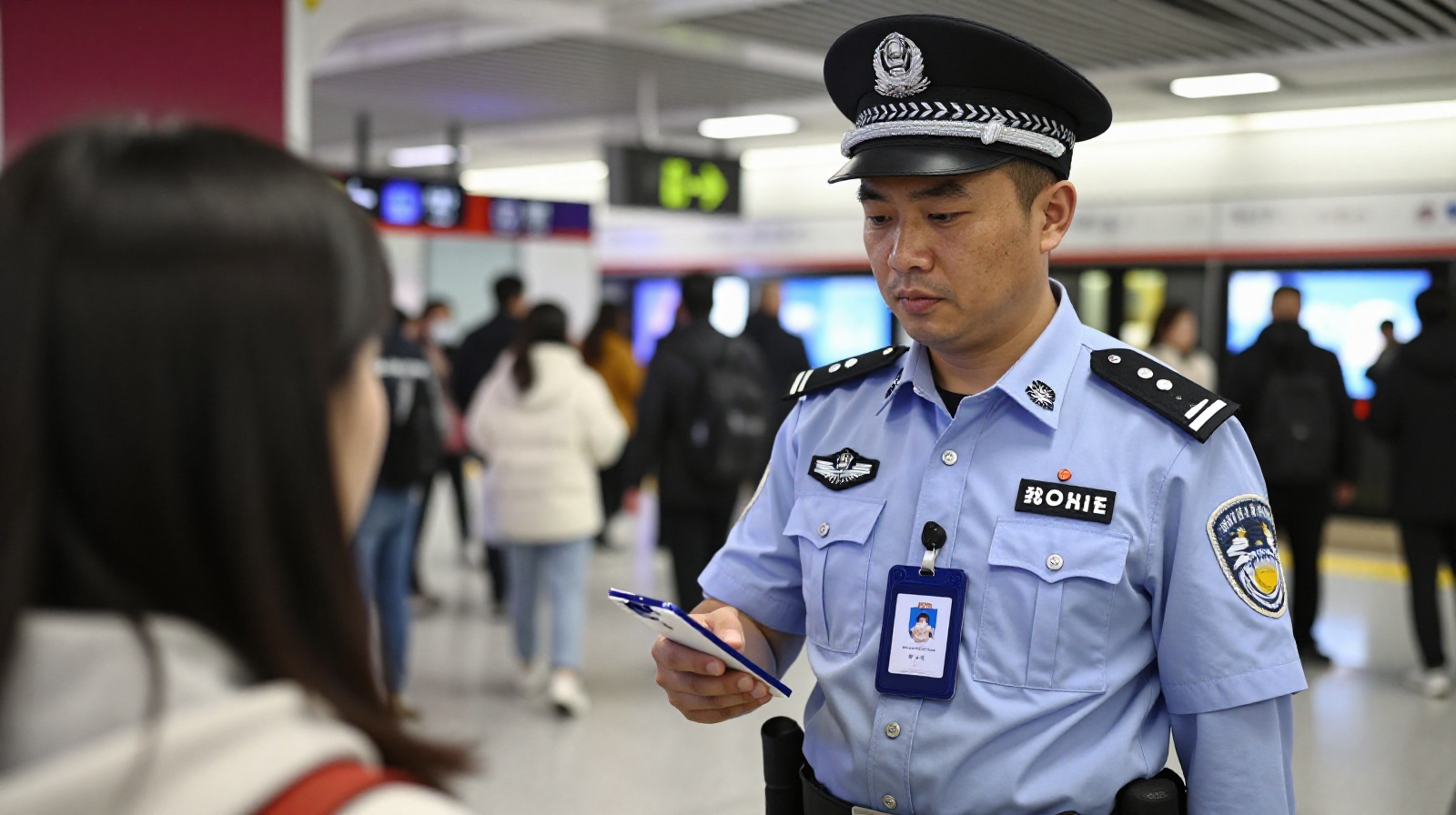 Chinese police officer showing ID badge to a foreign tourist at a routine checkpoint