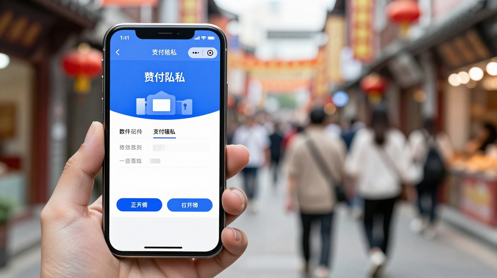 Smartphone displaying a mobile payment app in a busy Chinese urban environment