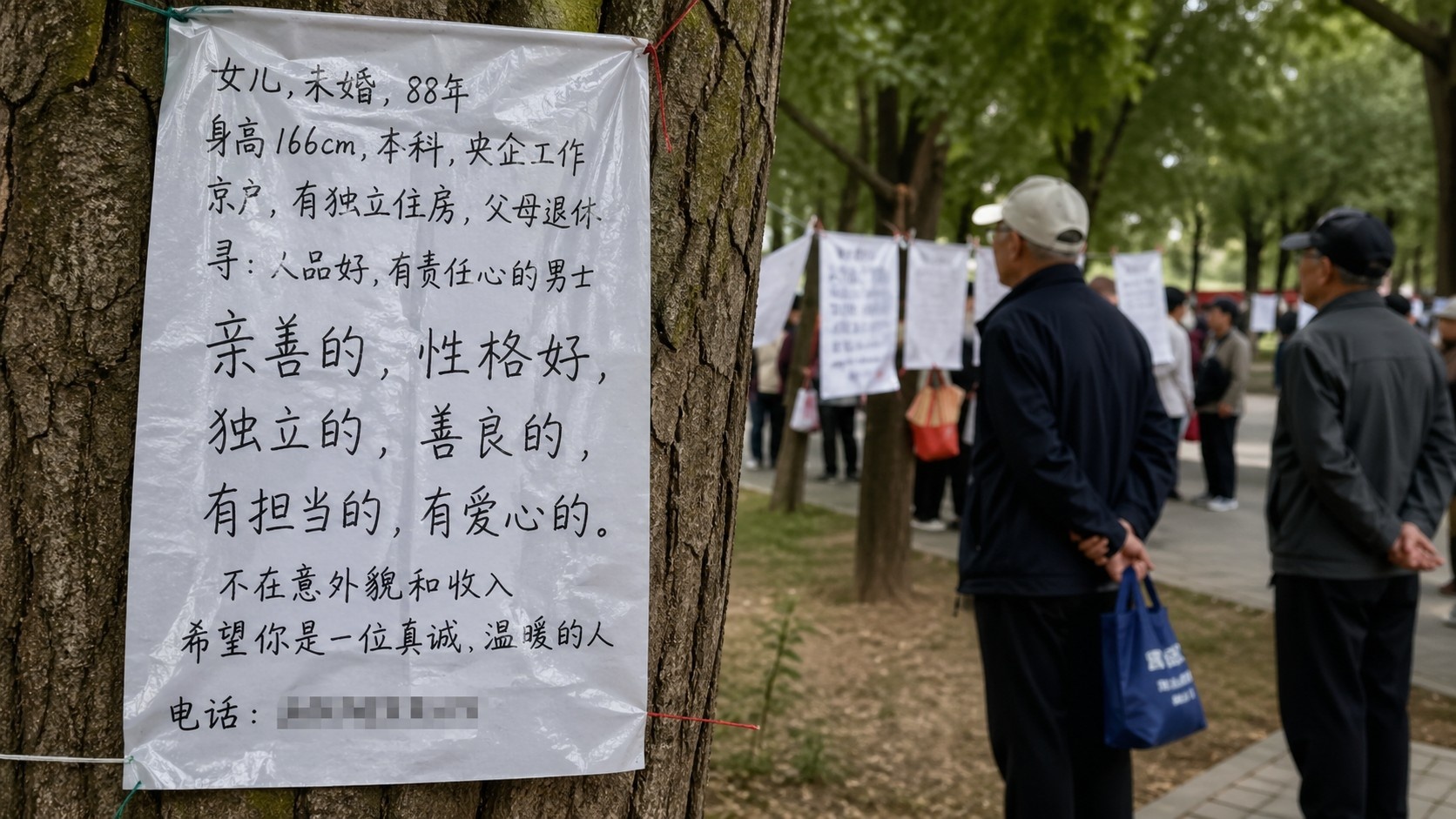 A close-up view of a matchmaking resume sign hanging from a tree in Beijing Zhongshan Park, highlighting text about independence and kindness instead of financial requirements.