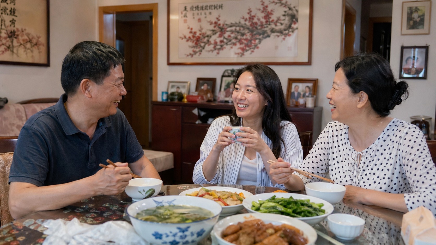 A happy Chinese family having dinner together in a living room, showing the bond between parents and an adult single child without any signs of pressure or conflict.