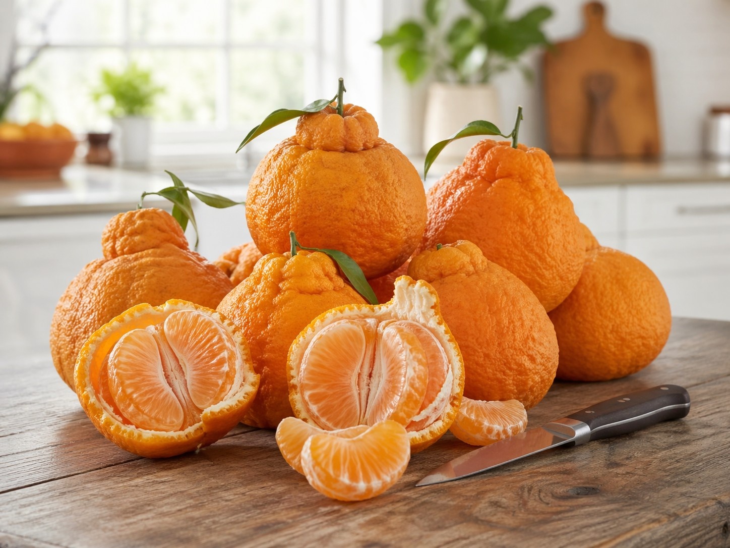 A basket of lumpy and rough-skinned Chinese Ugly Mandarin oranges next to a peeled fruit showing its sweet segments
