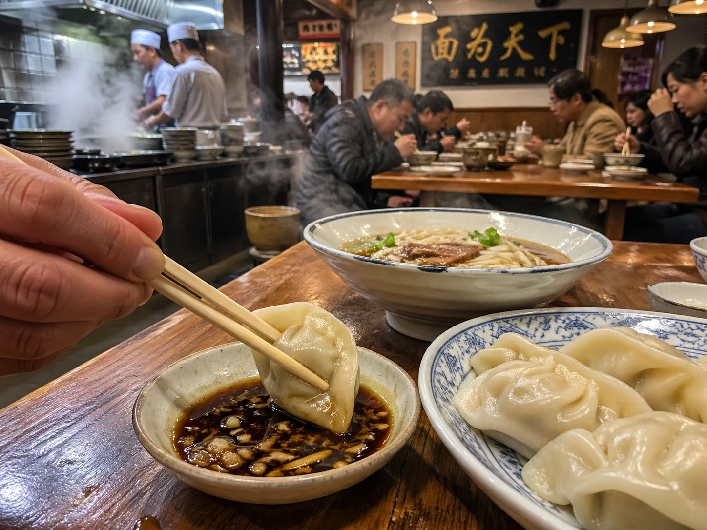 Customer dipping dumplings into a bowl of Zhenjiang black vinegar with garlic and ginger strips at a busy Chinese noodle shop