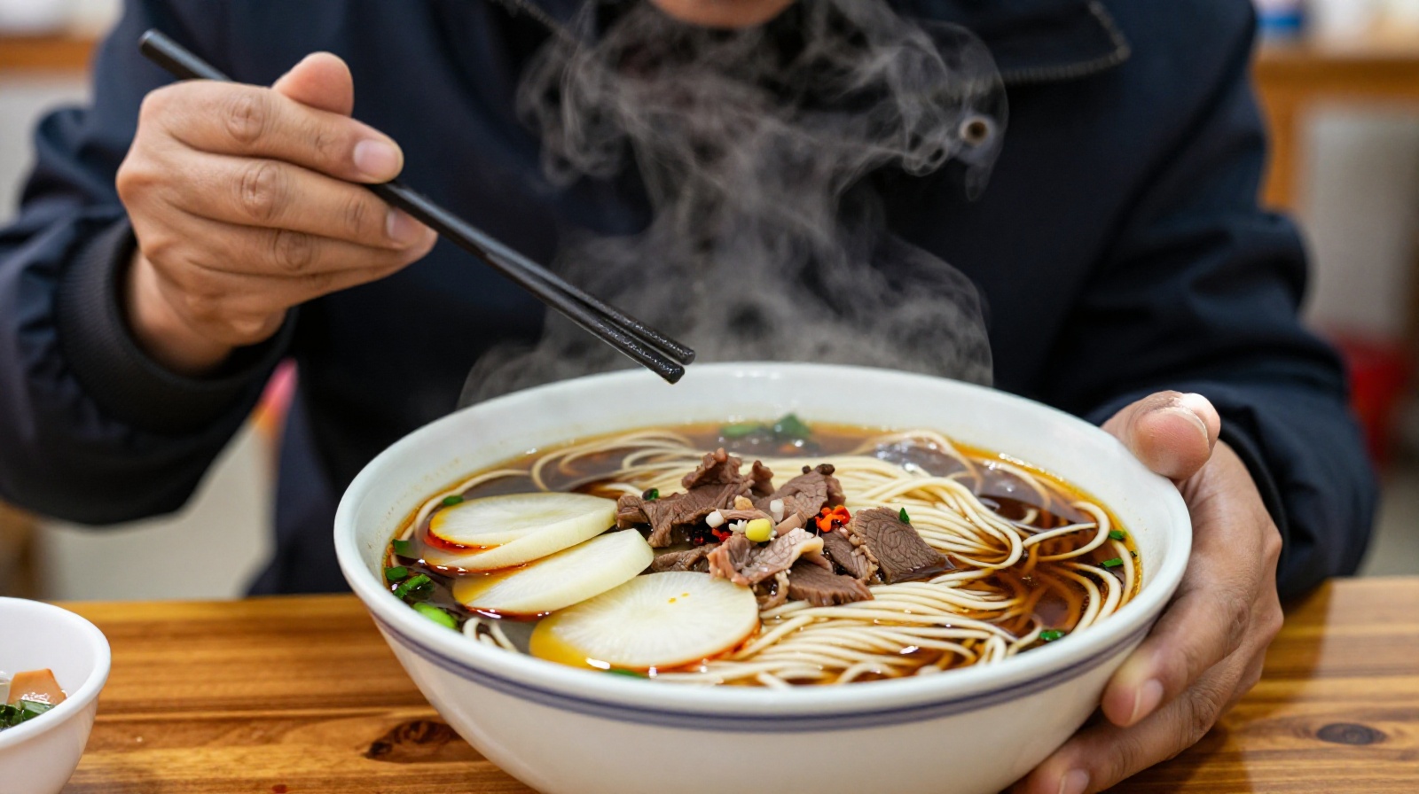 A person enjoying a hearty bowl of beef noodle soup, a popular northern Chinese breakfast that helps replenish electrolytes after drinking.