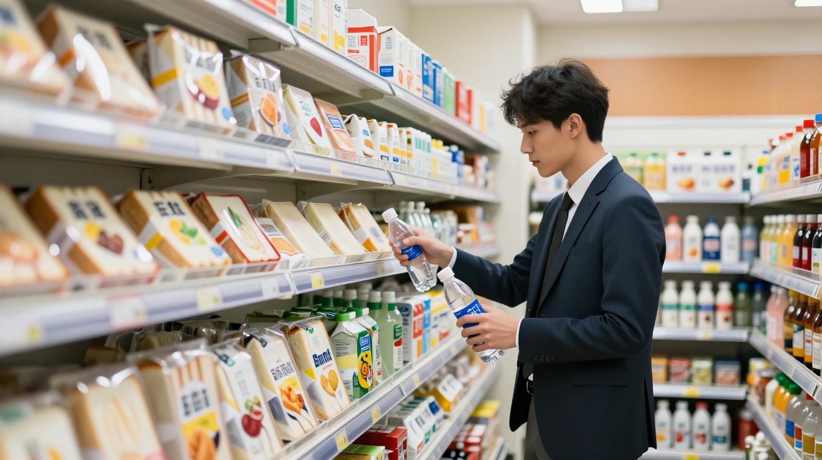 Young professionals choosing convenience store food over traditional breakfasts for quick hangover relief in modern Chinese cities.