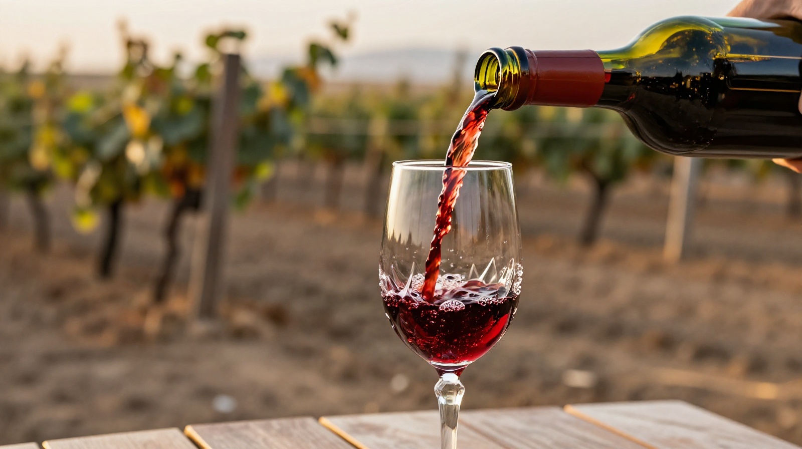 A close-up of rich red Chinese wine from Ningxia being poured into a glass outdoors with Helan Mountain vineyards in the background