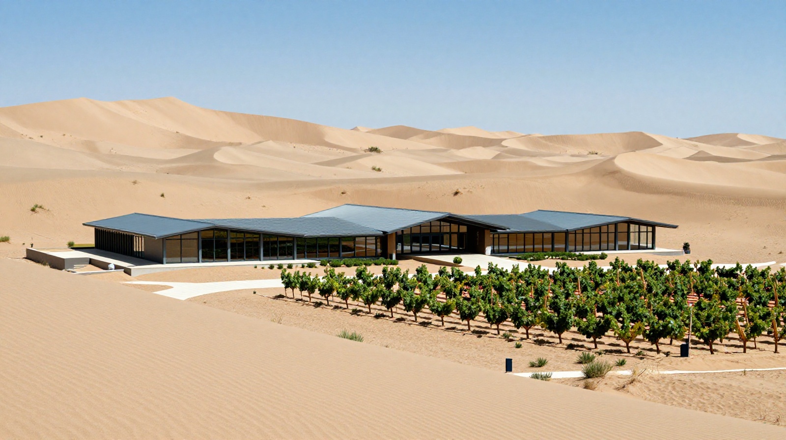 A modern sustainable winery building surrounded by vineyards and desert landscape in Ningxia China