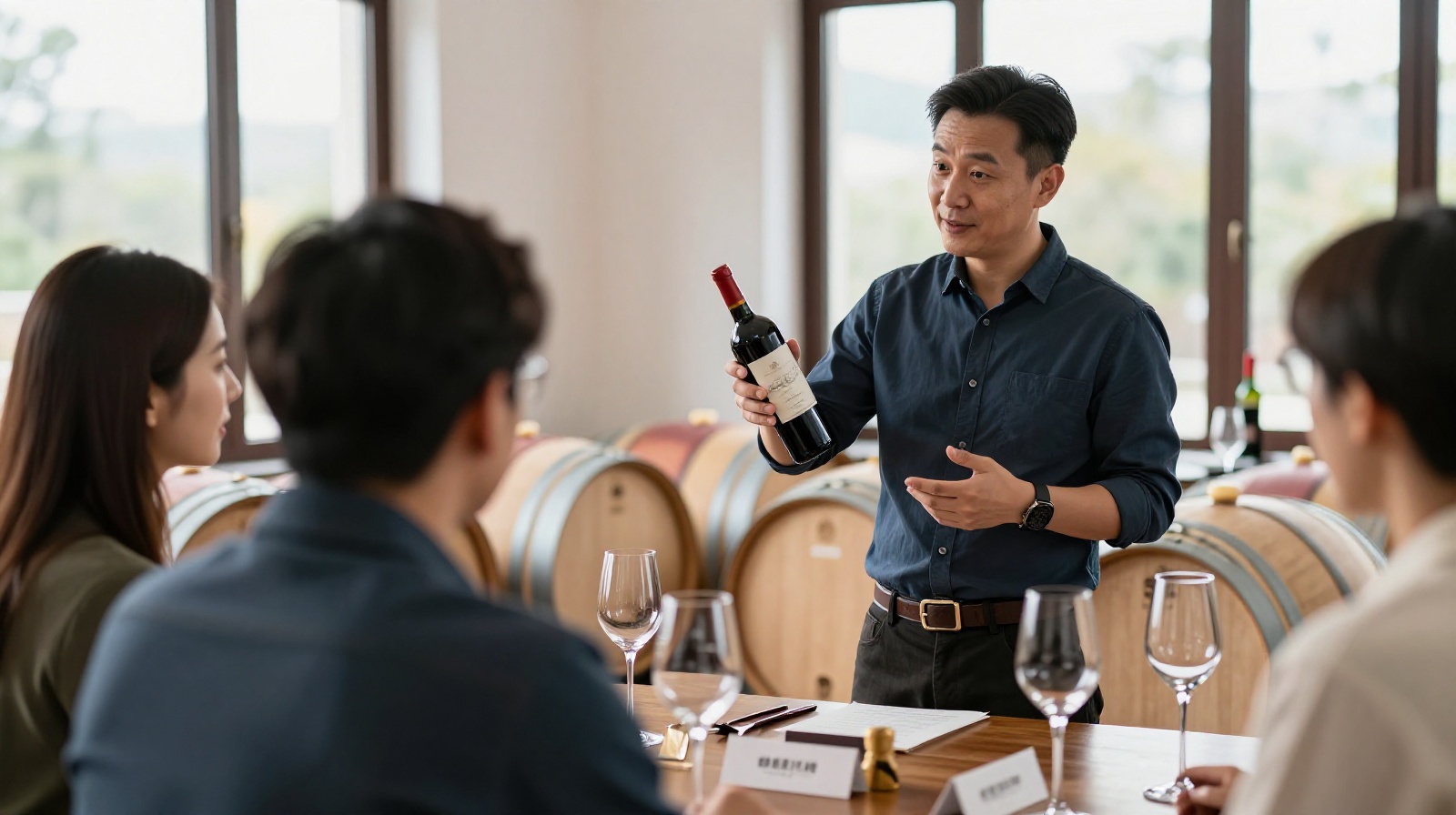 A sommelier guiding tourists through a wine tasting session at a family-owned winery in Ningxia