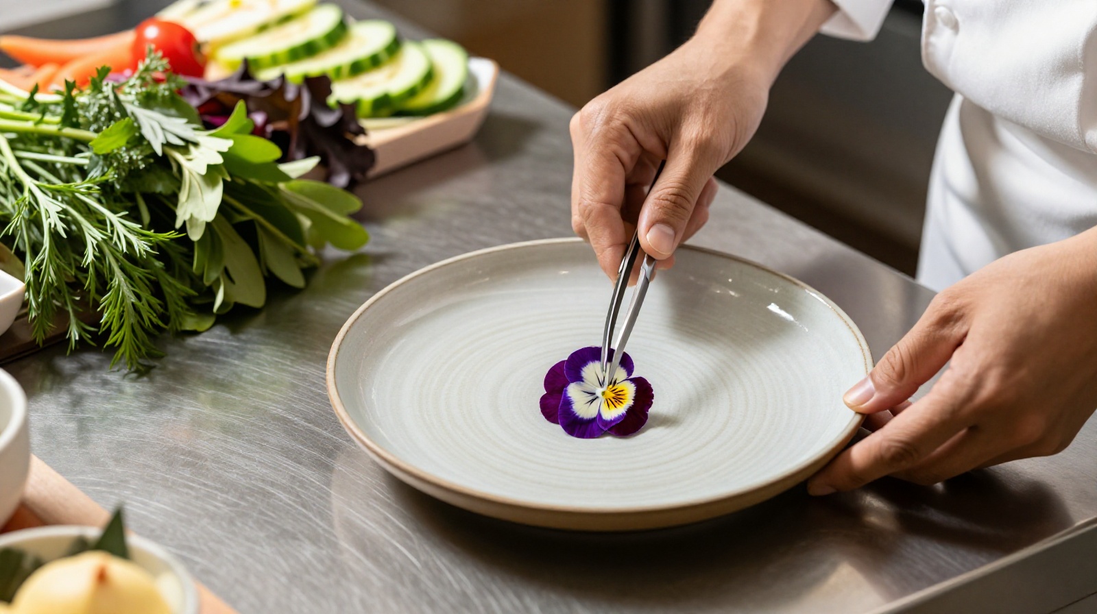 A chef carefully plating a dish with minimalist aesthetics, highlighting the focus on seasonality and terroir in modern Chinese cuisine.