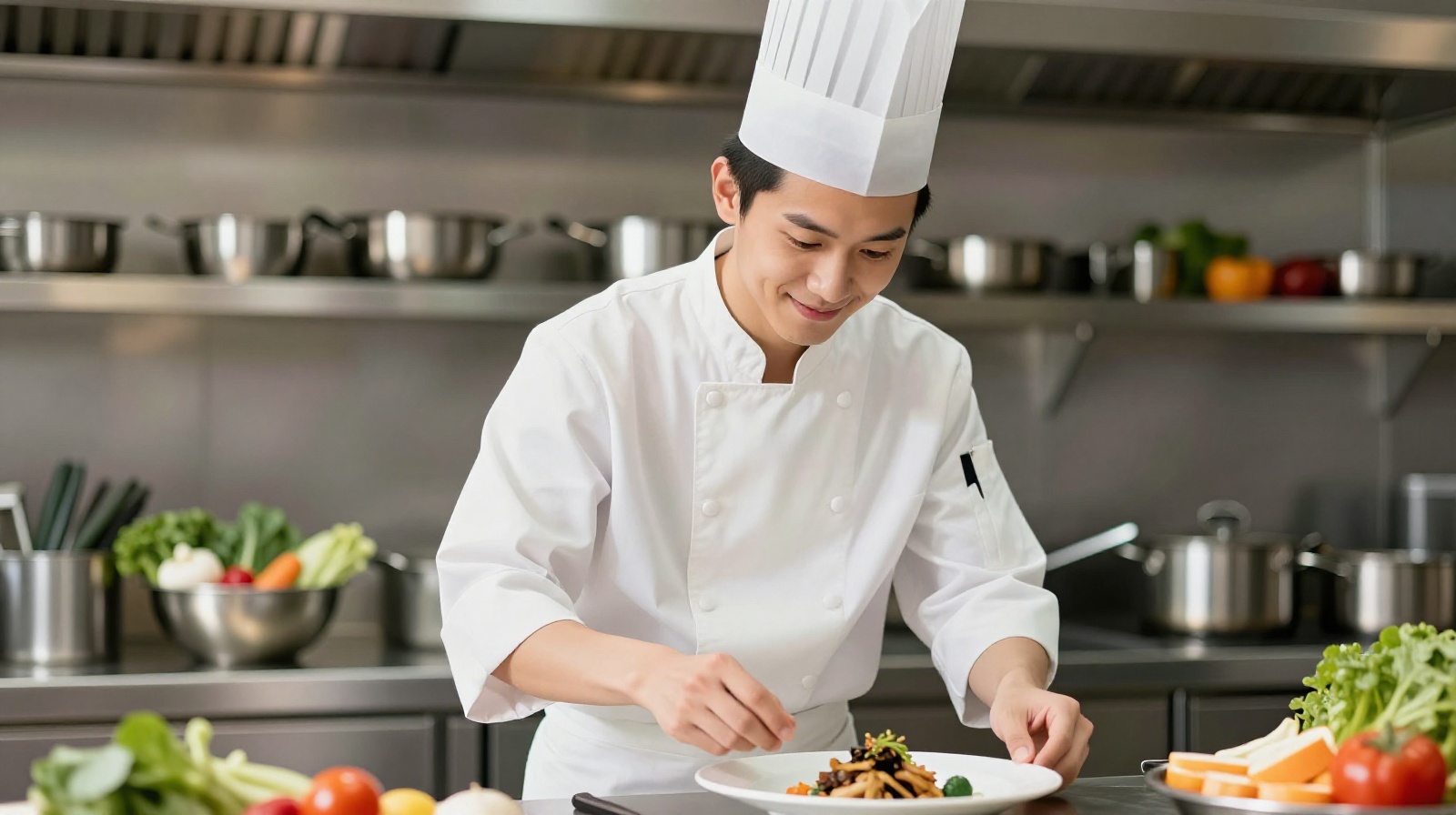 A profile shot of a modern Chinese chef blending French techniques with traditional Chinese flavors.