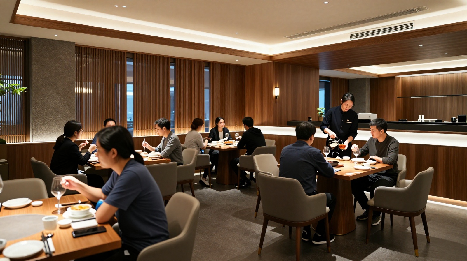 The interior of a sophisticated Chinese fine dining restaurant, showcasing the calm and mature atmosphere of modern luxury.