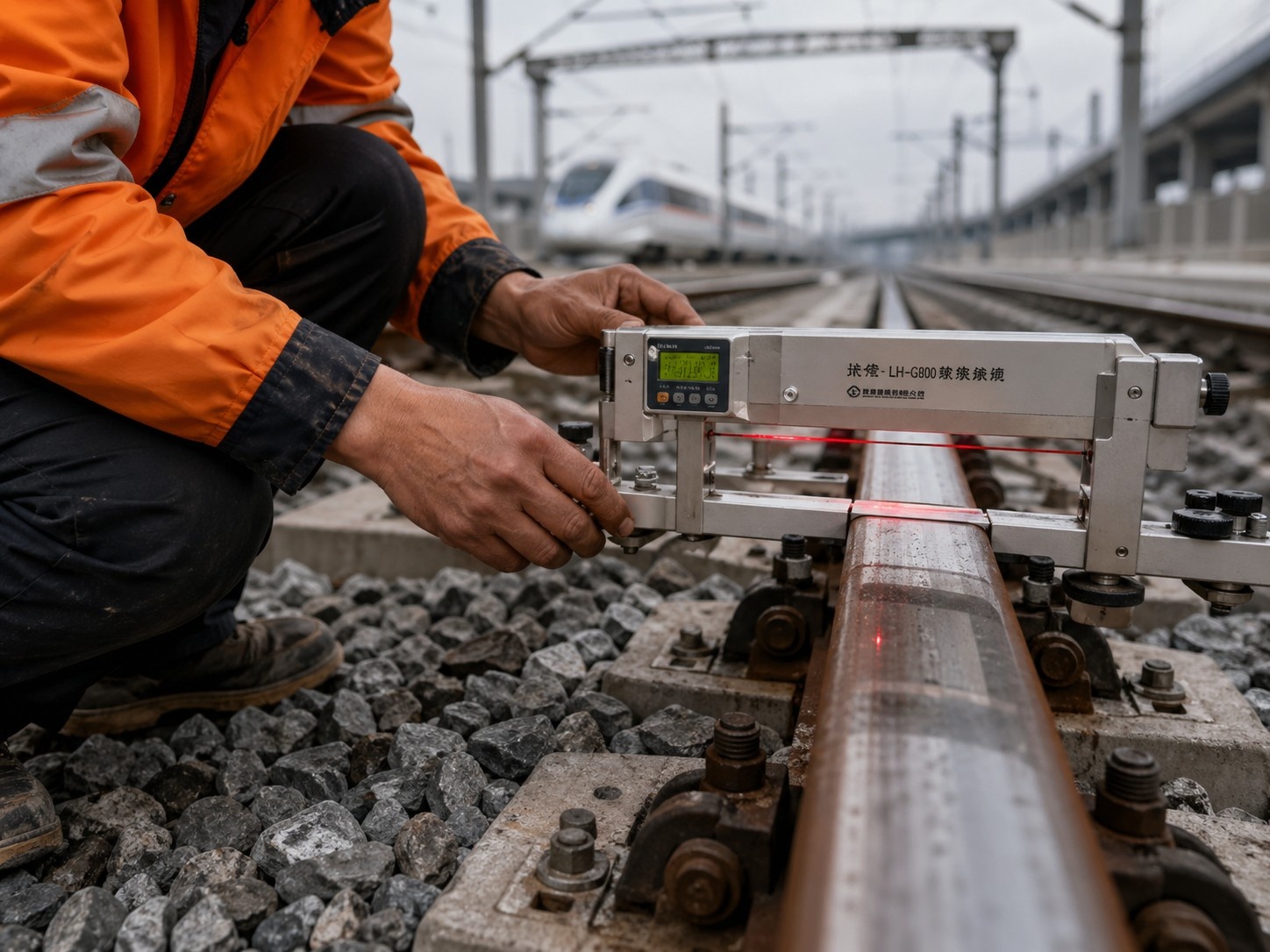 A close-up view of a railway engineer using a laser measurement device to check the alignment of high-speed train tracks in China.