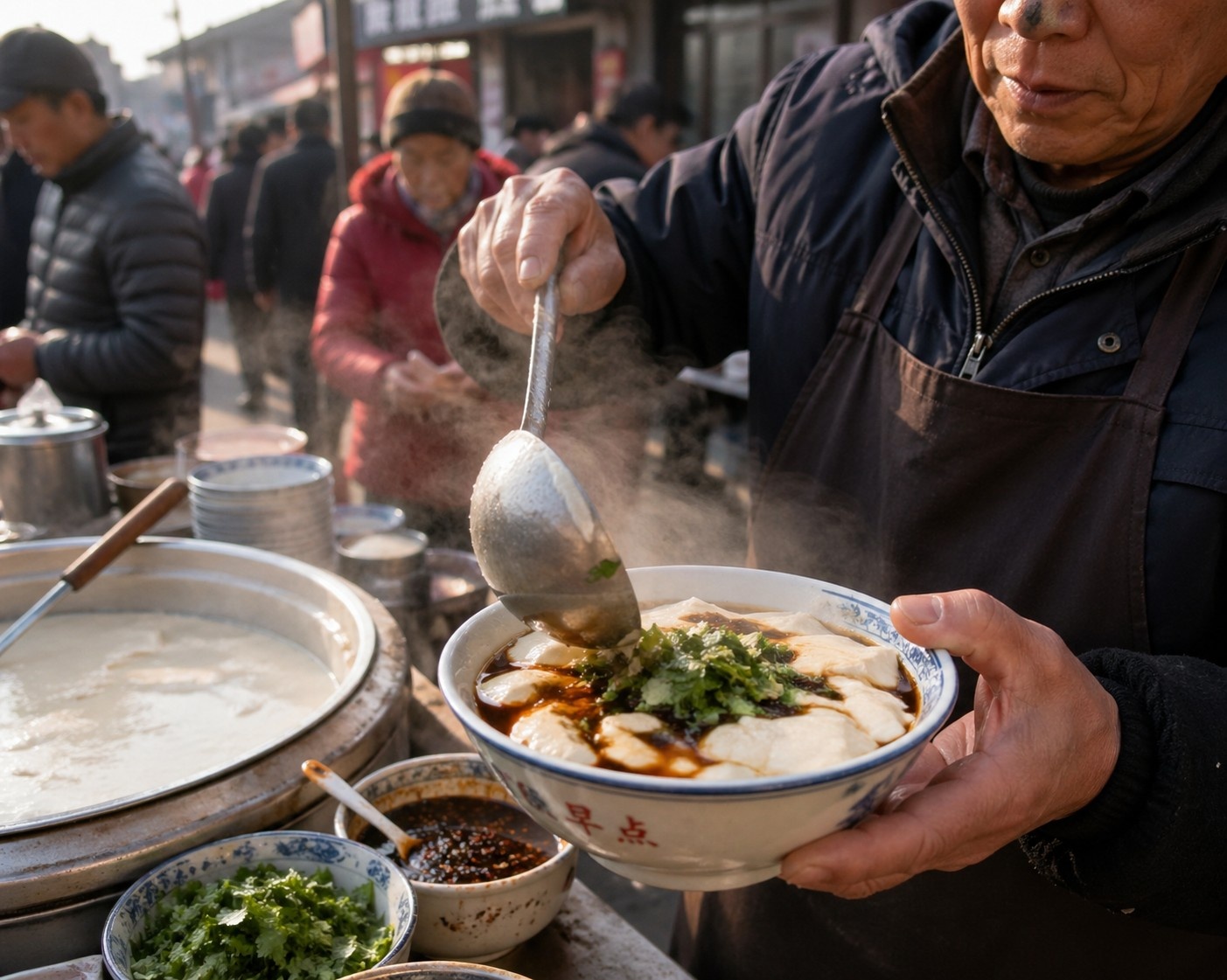 Close up of a Chinese street vendor serving salty tofu pudding with soy sauce and fried dough strips at a morning market