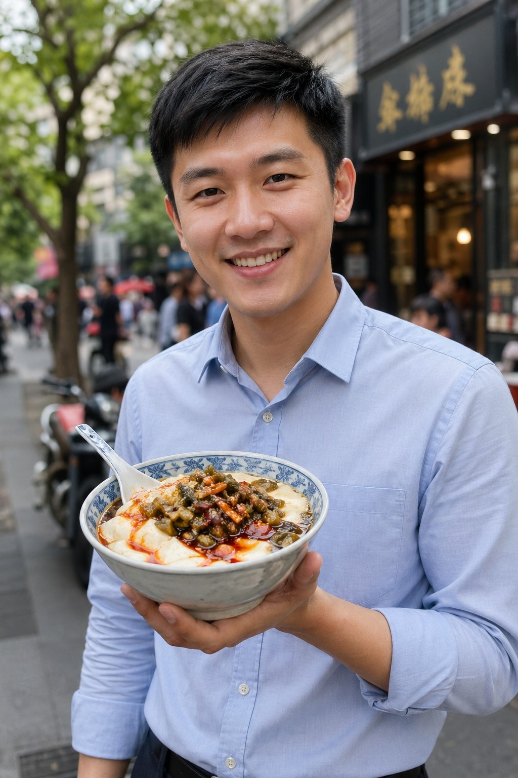 Portrait of a Chinese logistics manager enjoying a savory breakfast bowl of tofu pudding on a city street