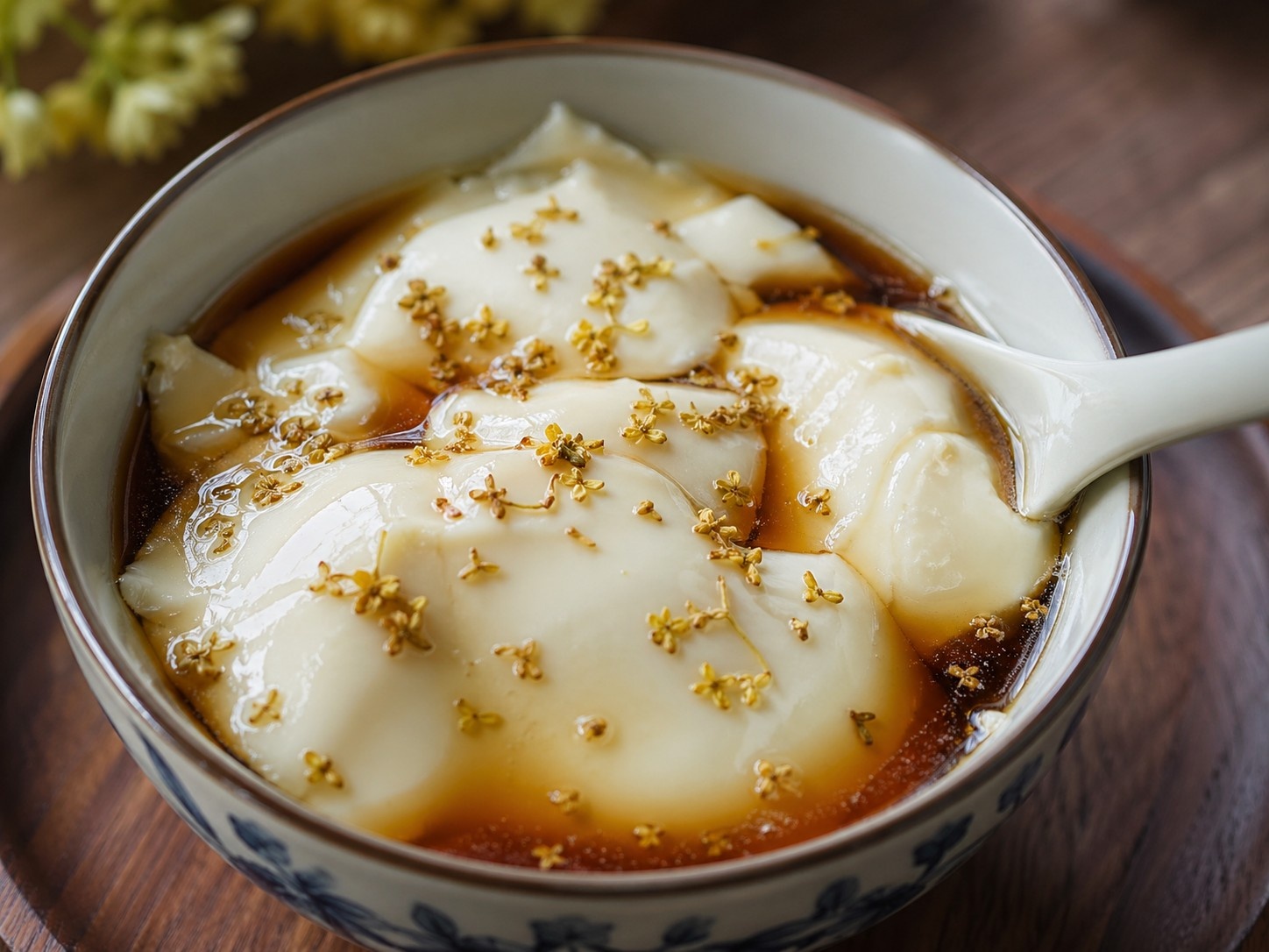 Delicate sweet tofu pudding with brown sugar syrup and osmanthus flowers served in a traditional ceramic bowl
