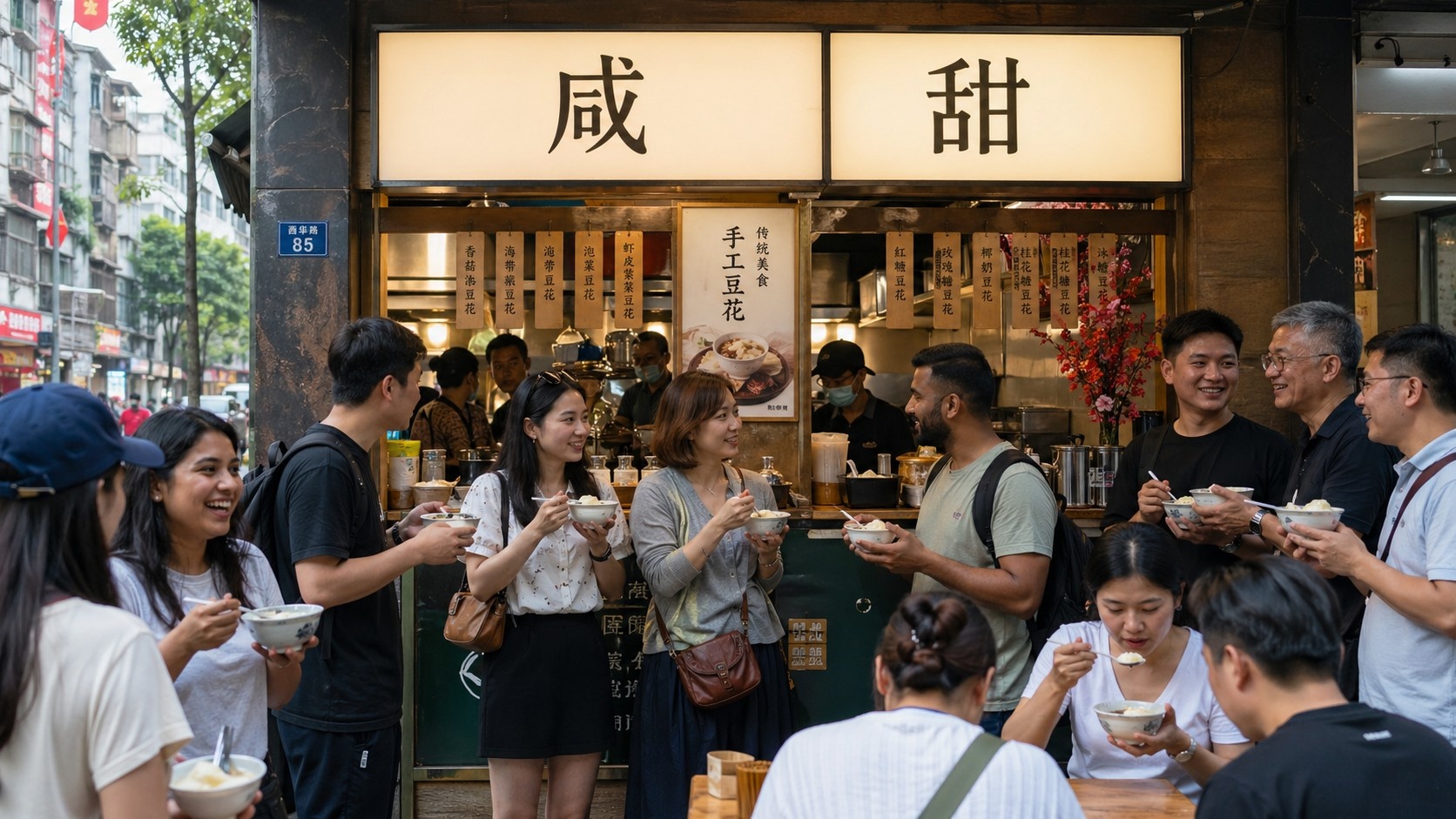 Modern Chinese street food vendor offering both salty and sweet tofu pudding options to diverse customers