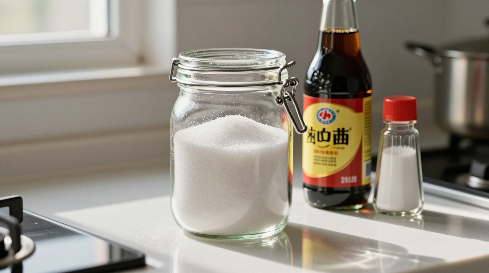 A close-up view of a southern Chinese kitchen counter featuring an open jar of white sugar alongside soy sauce bottles, highlighting regional culinary differences.