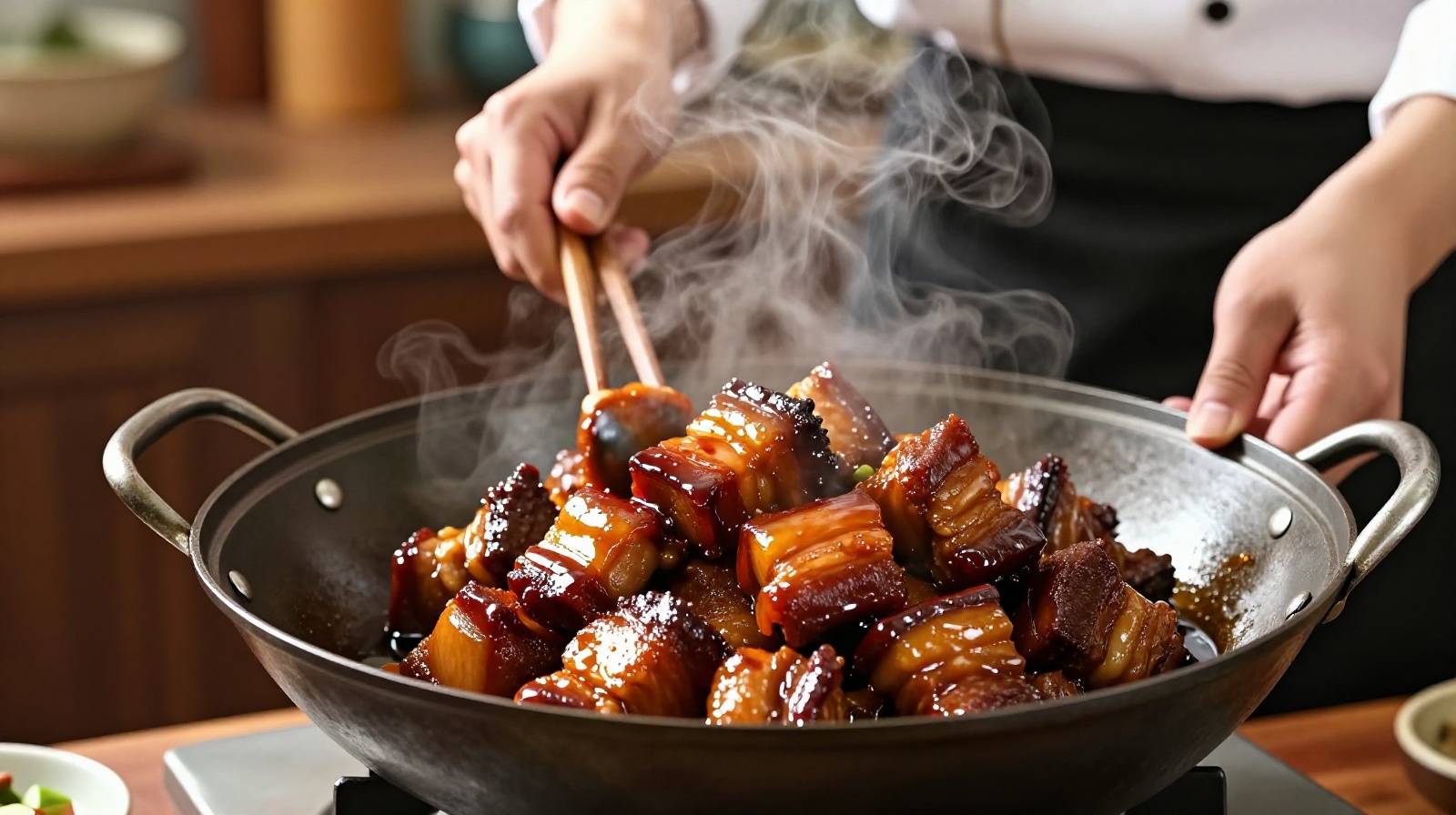 Braised pork belly with a glossy sauce, a classic northern Chinese dish where sugar is used occasionally for specific recipes rather than as a daily staple.