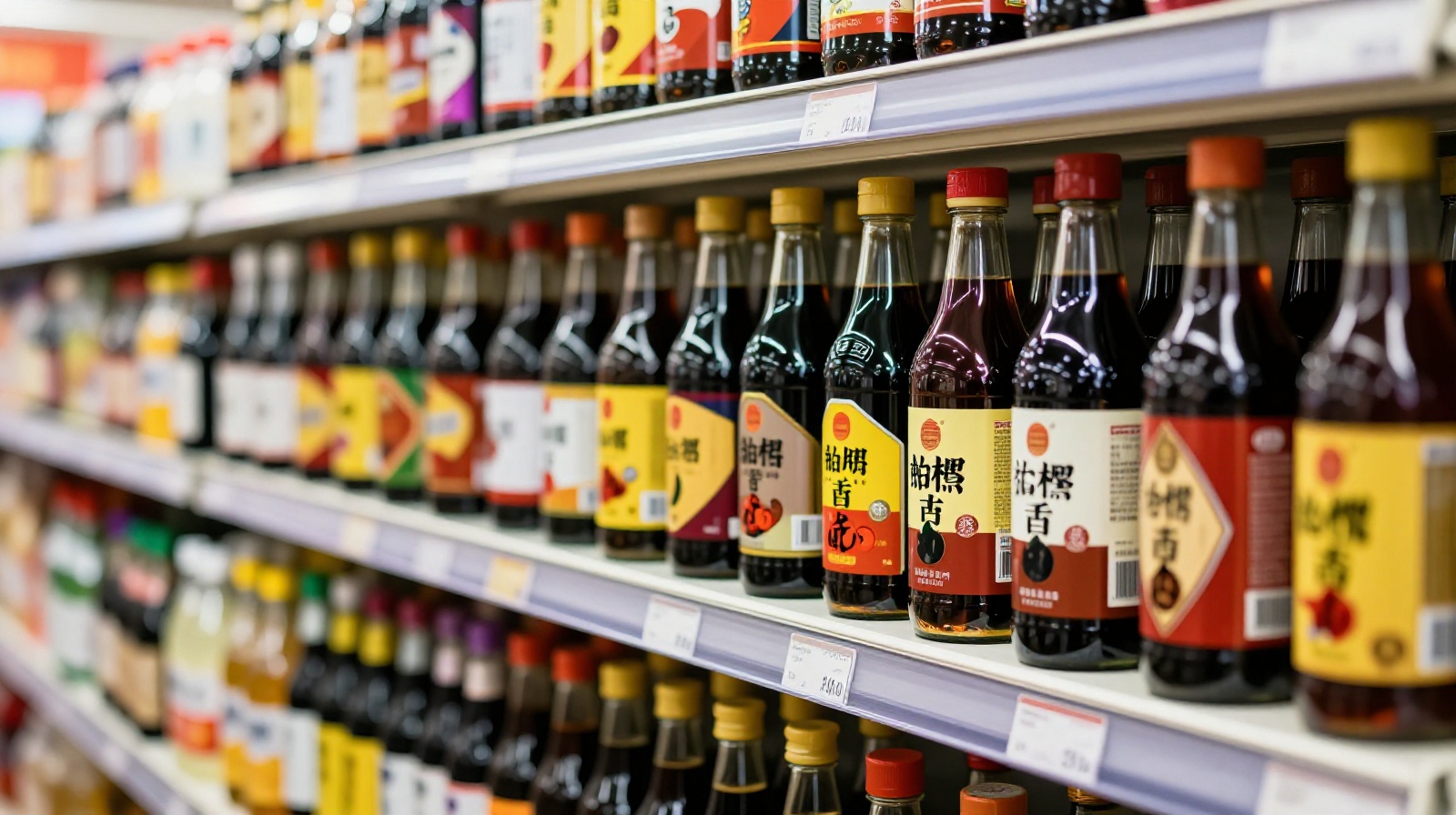 Rows of Chinese soy sauce bottles in a supermarket, illustrating the diversity of light and dark soy sauces available to consumers.