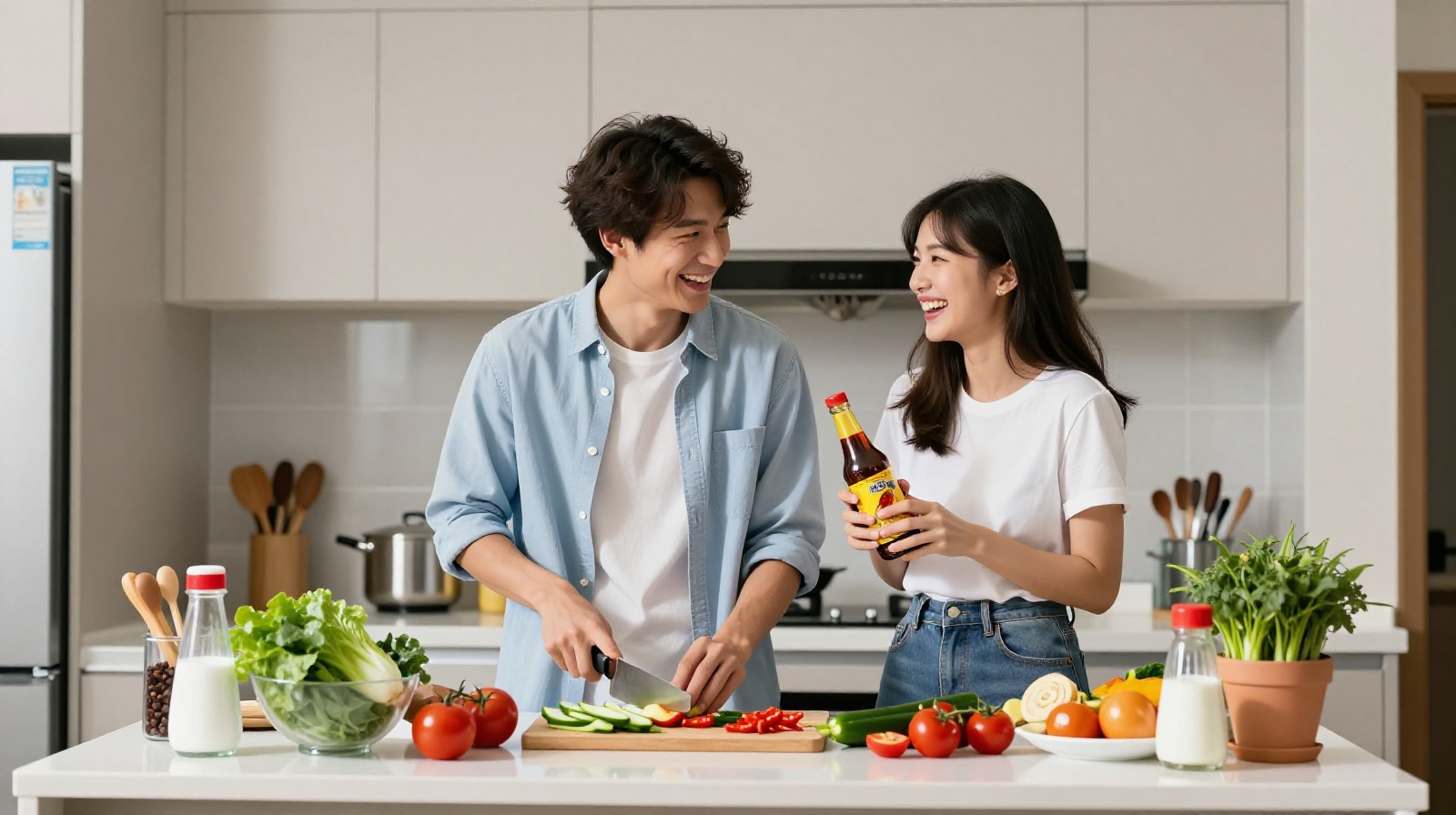 Young Chinese cooks blending culinary traditions by using both sweet and spicy condiments in a modern city kitchen.