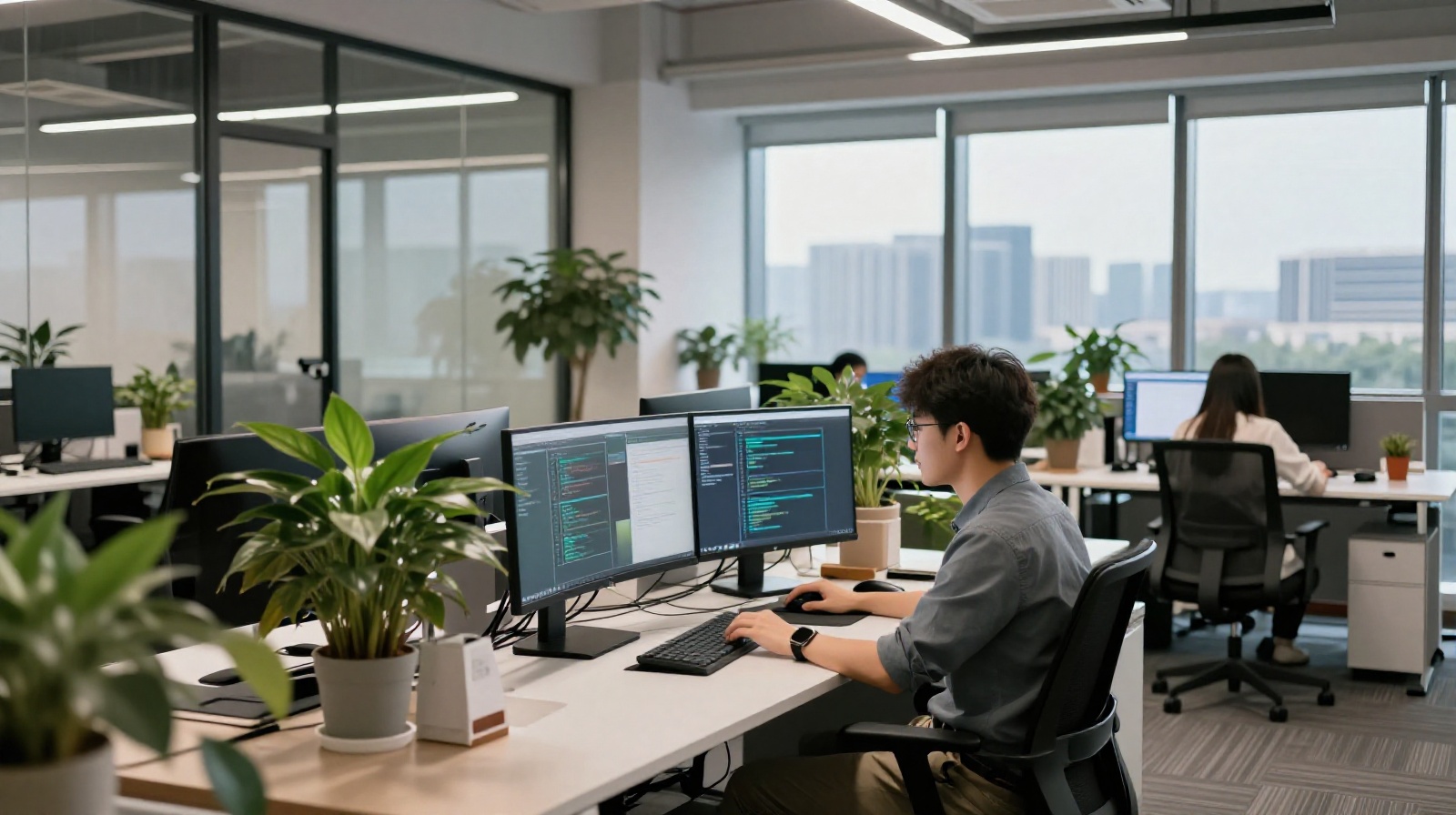 Young Chinese software engineer working on laptop in modern co-working space in Hangzhou