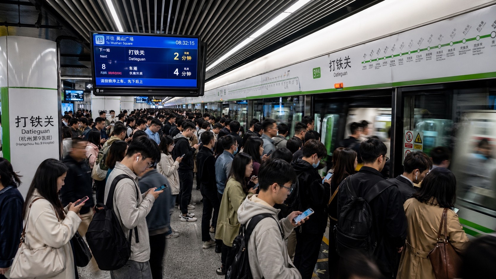 Commuters waiting on a crowded subway platform in Hangzhou during rush hour