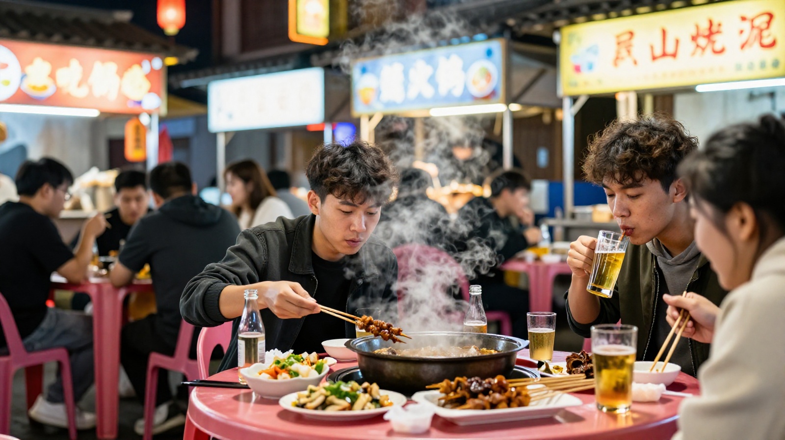 Young people enjoying street food at Wushan Night Market in Hangzhou